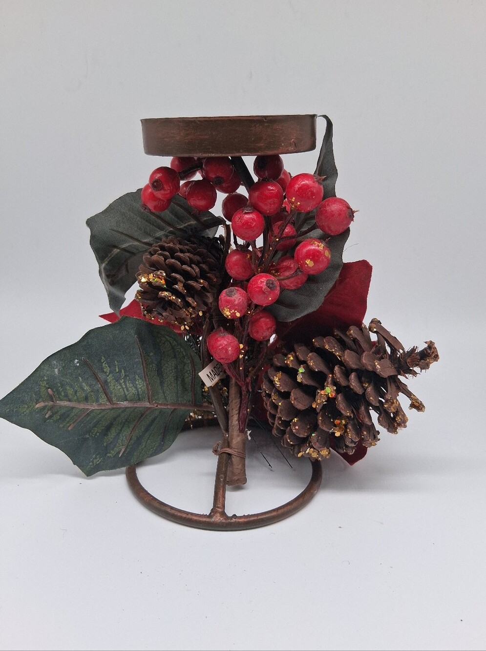 Christmas Holiday Faux Poinsettia Decorative Metal Candle Holder